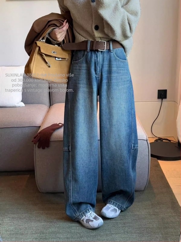 Džins hlače s visokim strukom i zakrivljenim širokim krojem, debeli materijal, 80-90% denim udjela, zima 2025