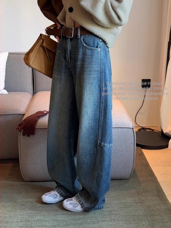 Džins hlače s visokim strukom i zakrivljenim širokim krojem, debeli materijal, 80-90% denim udjela, zima 2025