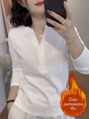 Ženska pamučna majica za jesen-zimu, debeli plišasti završetak, dugi rukavi, V-izrez, slobodan kroj, s gumbima, korejski casual stil