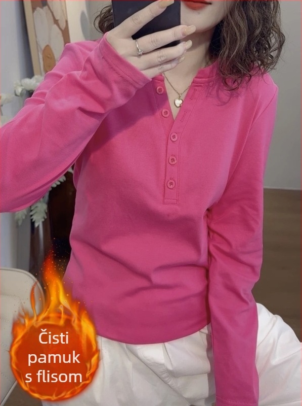 Ženska pamučna majica za jesen-zimu, debeli plišasti završetak, dugi rukavi, V-izrez, slobodan kroj, s gumbima, korejski casual stil