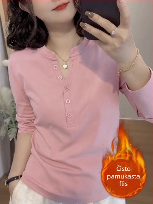 Ženska pamučna majica za jesen-zimu, debeli plišasti završetak, dugi rukavi, V-izrez, slobodan kroj, s gumbima, korejski casual stil