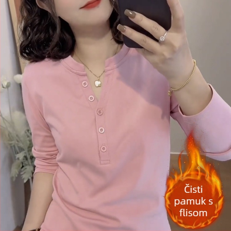 Ženska pamučna majica za jesen-zimu, debeli plišasti završetak, dugi rukavi, V-izrez, slobodan kroj, s gumbima, korejski casual stil