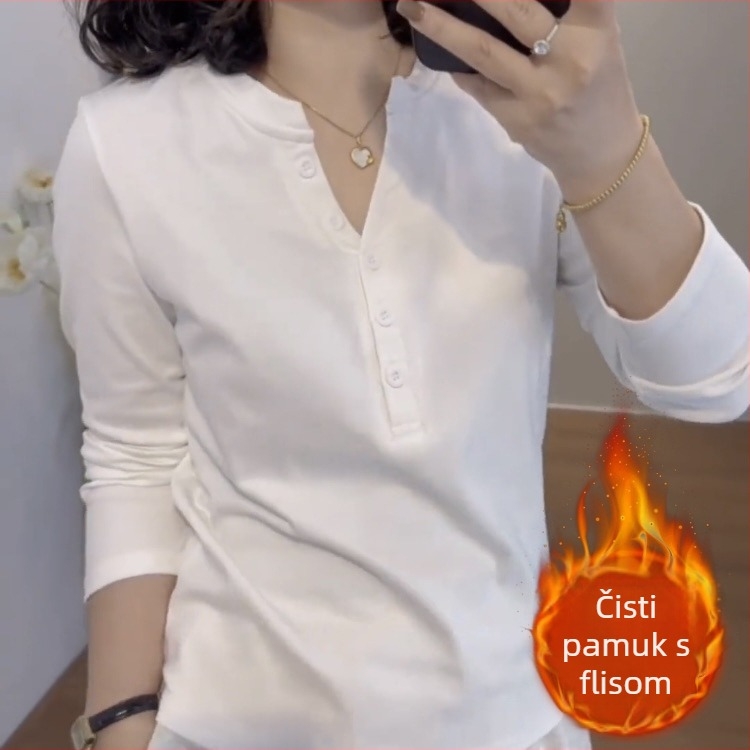 Ženska pamučna majica za jesen-zimu, debeli plišasti završetak, dugi rukavi, V-izrez, slobodan kroj, s gumbima, korejski casual stil