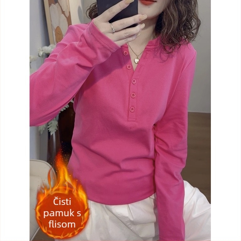 Ženska pamučna majica za jesen-zimu, debeli plišasti završetak, dugi rukavi, V-izrez, slobodan kroj, s gumbima, korejski casual stil
