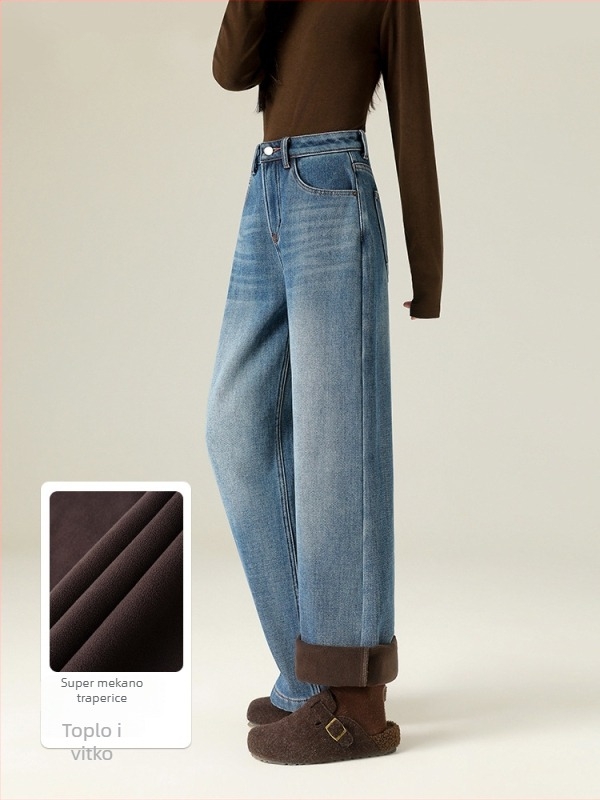 Traperice širokih nogu, visokim strukom, denim pamuk s elastanom (mikro-stretch), flis unutarnja podstava, distressed detalji