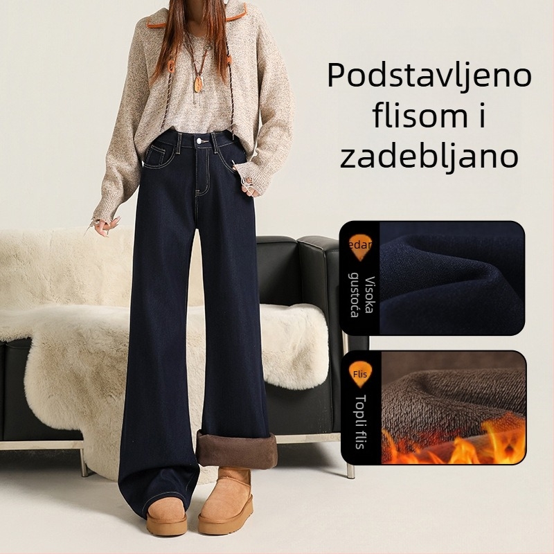 Traperice od denima s fleec podstavom, bootcut silueta s micro flare, visokim strukom, pune dužine do poda, 80–90% pamuka, <30% regenerirana celulozna vlakna