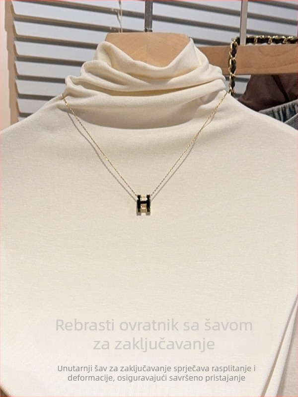Ženski viskozni T‑shirt s polu rukavom i visokim ovratnikom, uski kroj, duljina 50–65 cm, ljeto 2024