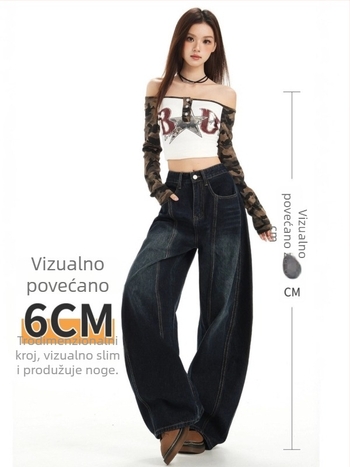 Traperice s vezom, široke nogavice, visokim strukom, denim, pamuk-poliester smjesa