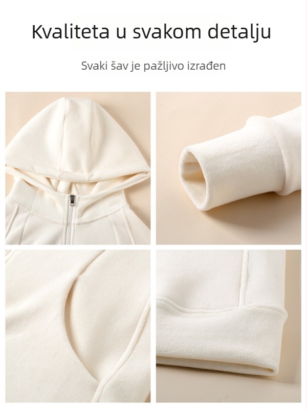Ženski fleec kardigan s kapuljom, tkanina pamuk-poliester, zatvarač, uski kroj, gradski stil