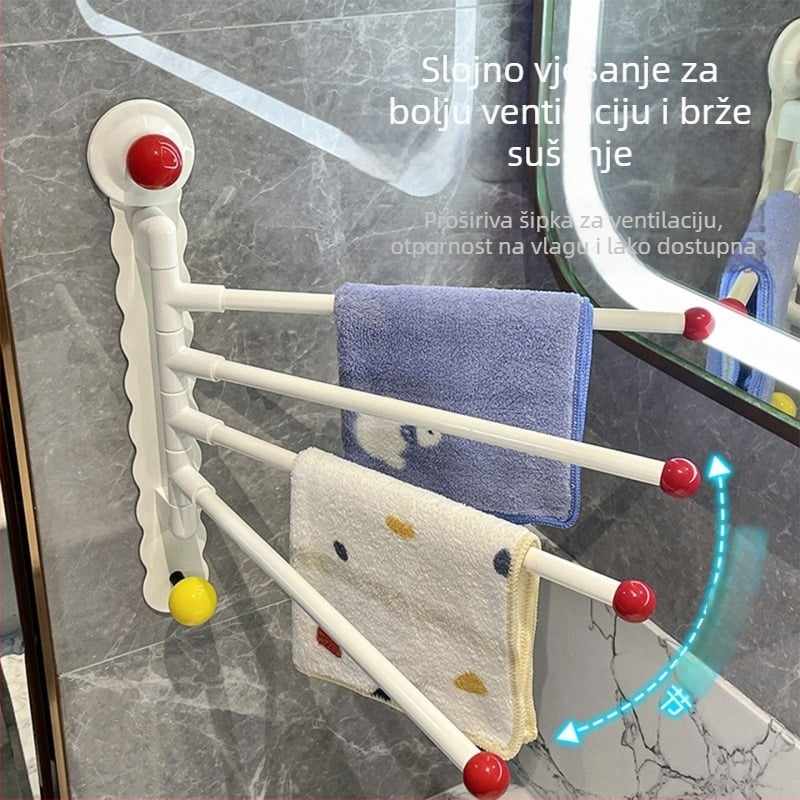 Okretni držač za ručnike sa ventuzom za kupaonicu – željezni, bez bušenja, bez tragova