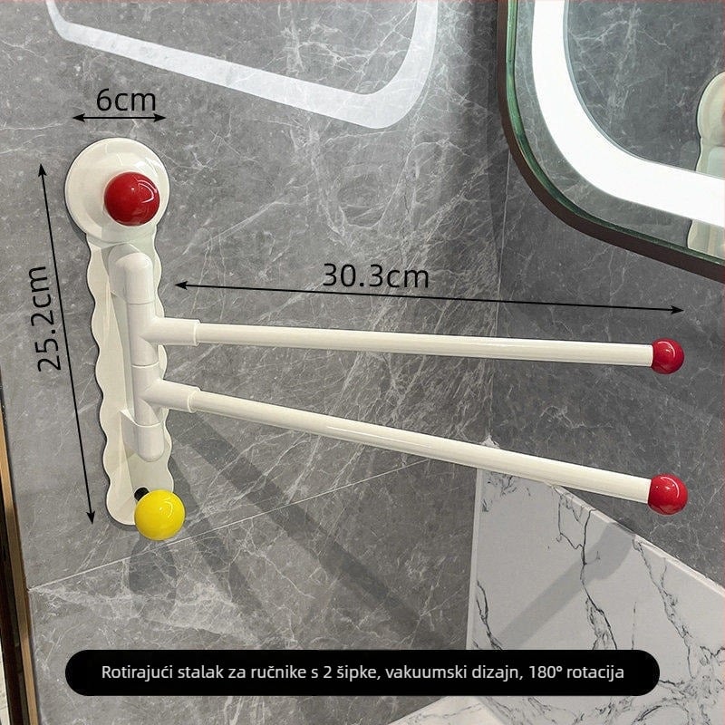 Okretni držač za ručnike sa ventuzom za kupaonicu – željezni, bez bušenja, bez tragova