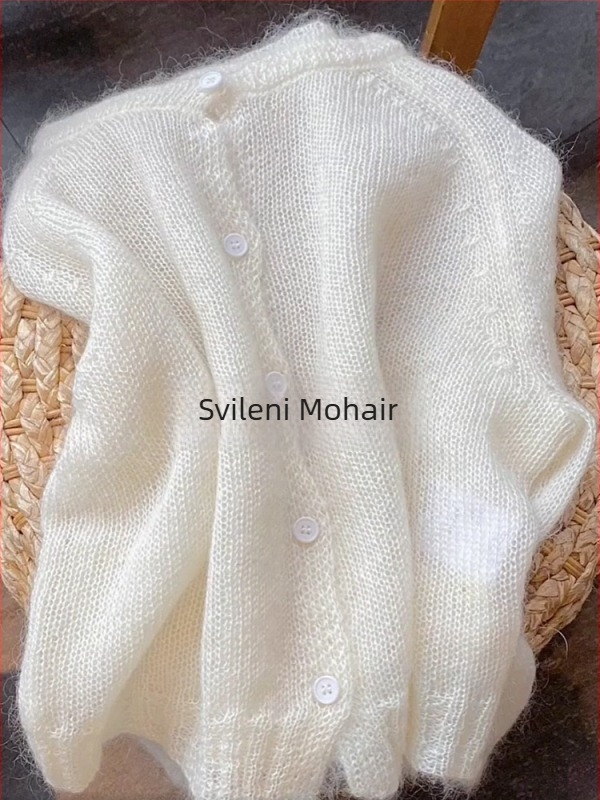 Mohair kardigan, tanko pletenje, jednodobojni uzorak, okrugli izrez, duge rukave, standardna duljina