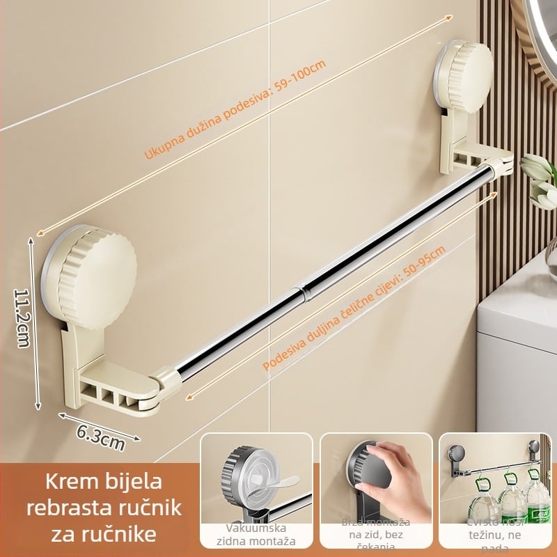 Držač za ručnike u kupaonici s usisnom čašom, teleskop, bez bušenja, materijali: plastika i nehrđajući čelik (Rupai)