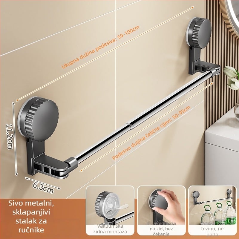 Držač za ručnike u kupaonici s usisnom čašom, teleskop, bez bušenja, materijali: plastika i nehrđajući čelik (Rupai)