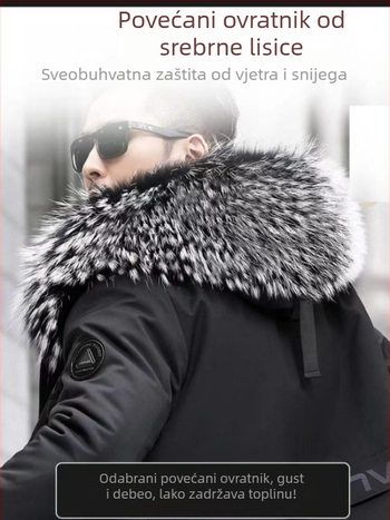 Muški kaput od prave kože i krzna, srednja duljina, ovratnik od lisice krzna, odvojiva podstava od zajčine kožušine, kapuljača, zatvarač