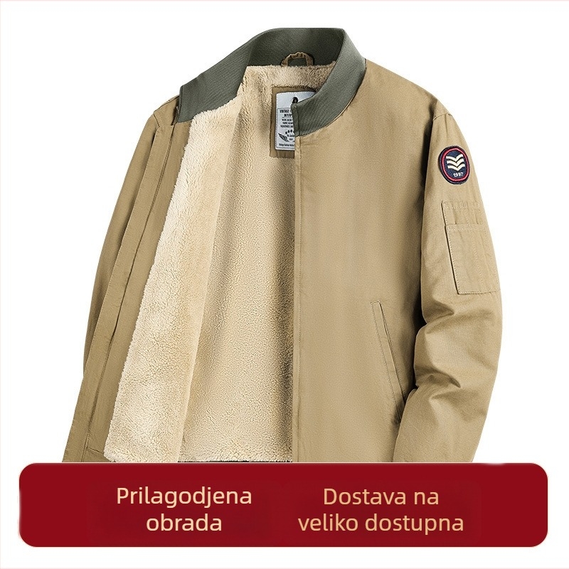 Muški pamučni kaput s debelim flisom, stojeći ovratnik, zatvarač, bočne džepove, poliesterno punjenje