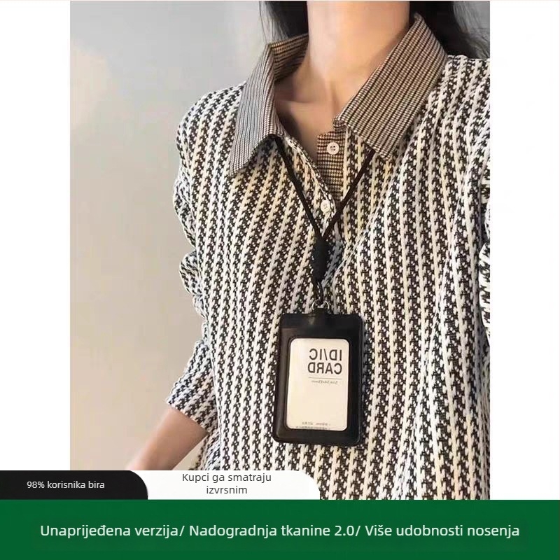 Polo majica s dugim rukavima, slobodan kroj, paneli s kombinacijom uzoraka riblja kost i houndstooth, poliester, bez glačanja (jesen)