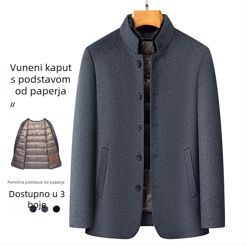 Muška dvostruka najlonska jakna s mink kragnom, odvojivom pernatom podstavom i stojećim ovratnikom, vunena tkanina