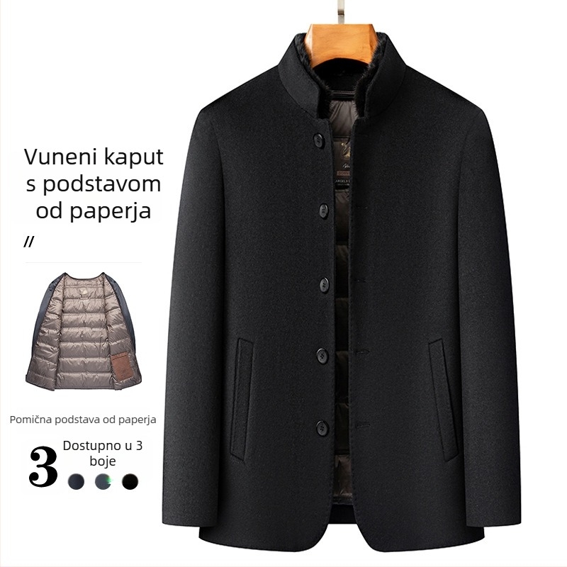 Muška dvostruka najlonska jakna s mink kragnom, odvojivom pernatom podstavom i stojećim ovratnikom, vunena tkanina