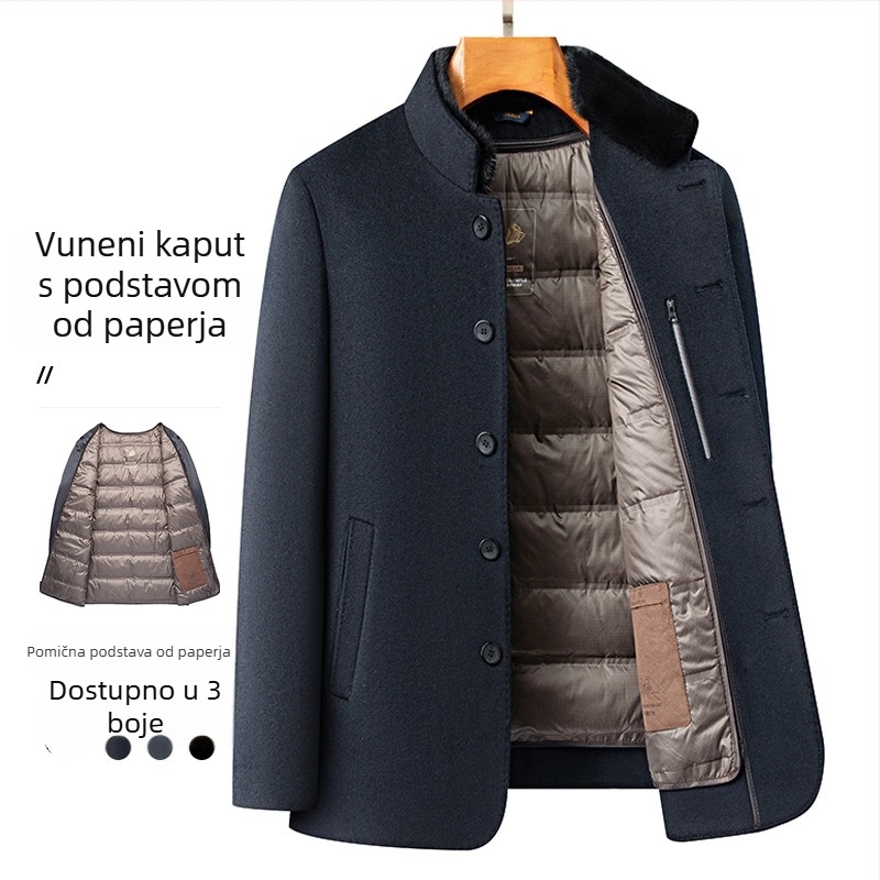 Muška dvostruka najlonska jakna s mink kragnom, odvojivom pernatom podstavom i stojećim ovratnikom, vunena tkanina