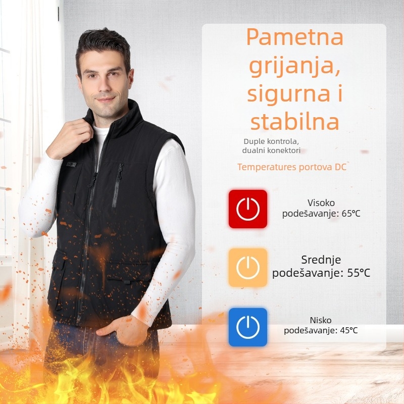 Grijani prsluk s dvostrukim upravljanjem i 11-zonskim grijanim sustavom, bez rukava, pamukom punjena unutrašnjost, za muškarce, Punjiva toplinska odjeća