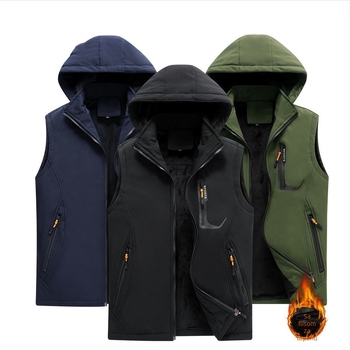 Muški kapucjačasti outdoor prsluk za jesen-zimu, slim-fit, corduroy tkanina, glavna tkanina: vuna, podstava: lan, punilo: pamuk, dizajn struka (Hooded; Cotton filling; Corduroy; Wool main; Flax lining)