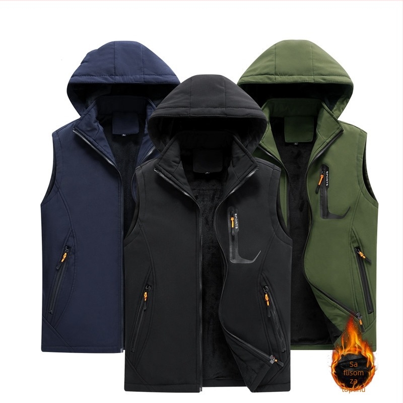 Muški kapucjačasti outdoor prsluk za jesen-zimu, slim-fit, corduroy tkanina, glavna tkanina: vuna, podstava: lan, punilo: pamuk, dizajn struka (Hooded; Cotton filling; Corduroy; Wool main; Flax lining)