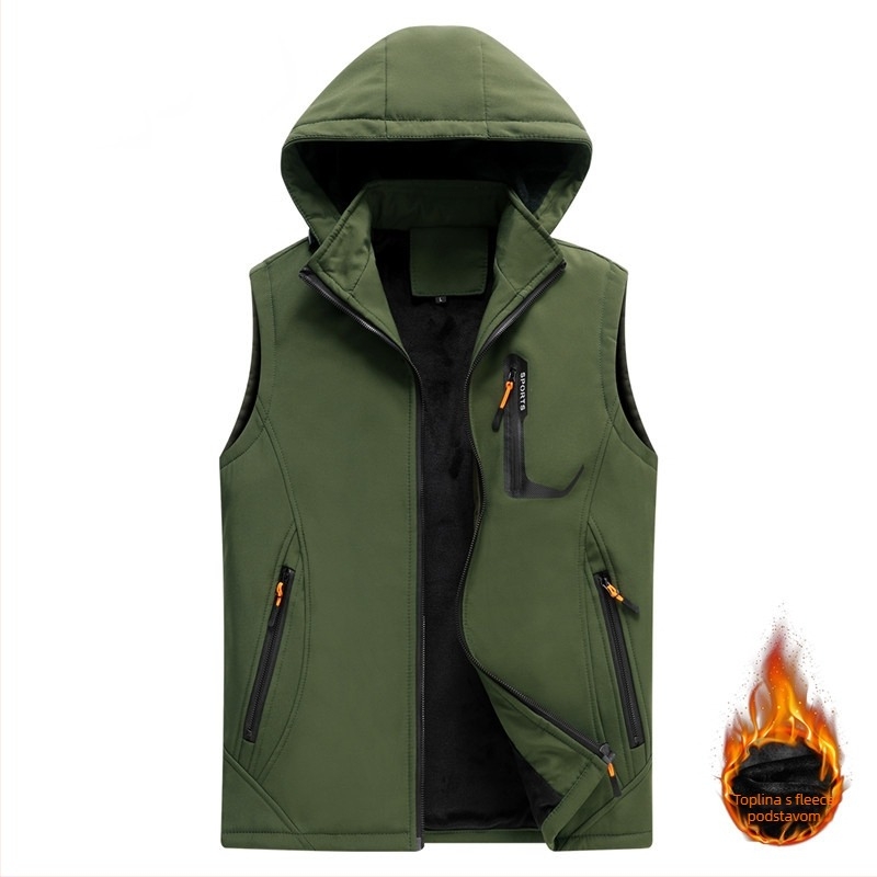 Muški kapucjačasti outdoor prsluk za jesen-zimu, slim-fit, corduroy tkanina, glavna tkanina: vuna, podstava: lan, punilo: pamuk, dizajn struka (Hooded; Cotton filling; Corduroy; Wool main; Flax lining)