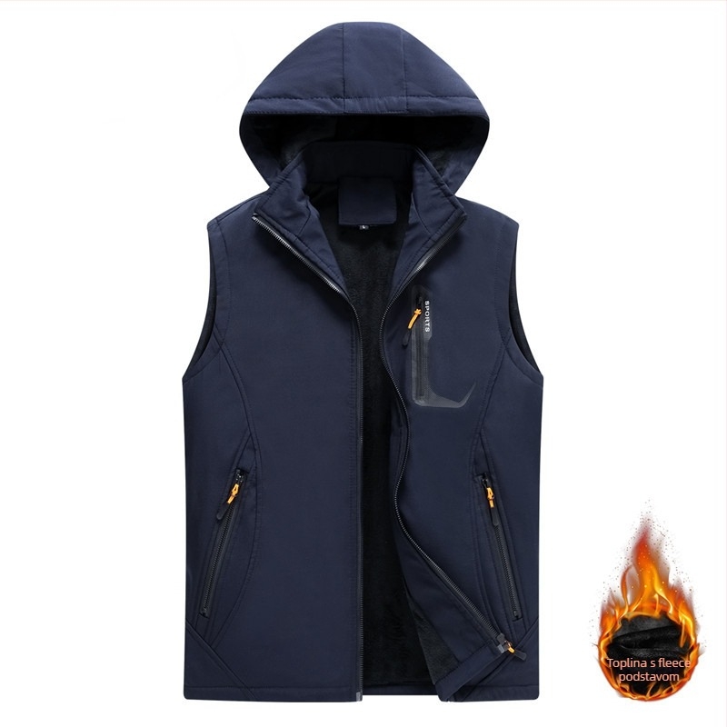 Muški kapucjačasti outdoor prsluk za jesen-zimu, slim-fit, corduroy tkanina, glavna tkanina: vuna, podstava: lan, punilo: pamuk, dizajn struka (Hooded; Cotton filling; Corduroy; Wool main; Flax lining)