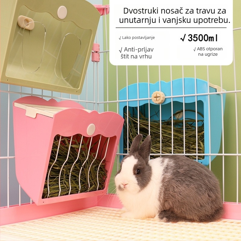 Dvostruko korištena hranilica za seno za zečeve, činčile i guinejske praščiće s funkcijom vješanja, unutarnje i vanjsko hranjenje, plastika