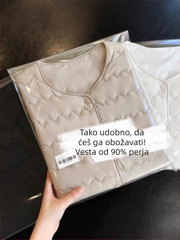 Ženska lagana pernata vest s bijelim patkijinim perjem, sadržaj perja 86-90%, duljina 50-65 cm, V-izrez, jednostruko kopčanje