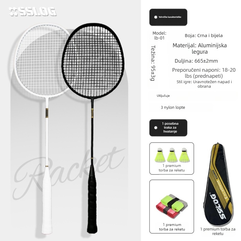 Saisilon badminton reketa s karbonskim kompozitnim okvirom, težina 95–100 g, držač G5, tip reketa: ravni udarac, groove edge guard