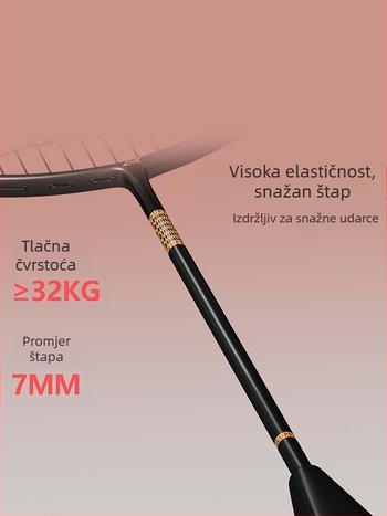 Carlsci badminton raketa — potpuno karbonsko kućište, prav tip, težina 95–100 g, drška G5, uzorak 68×21