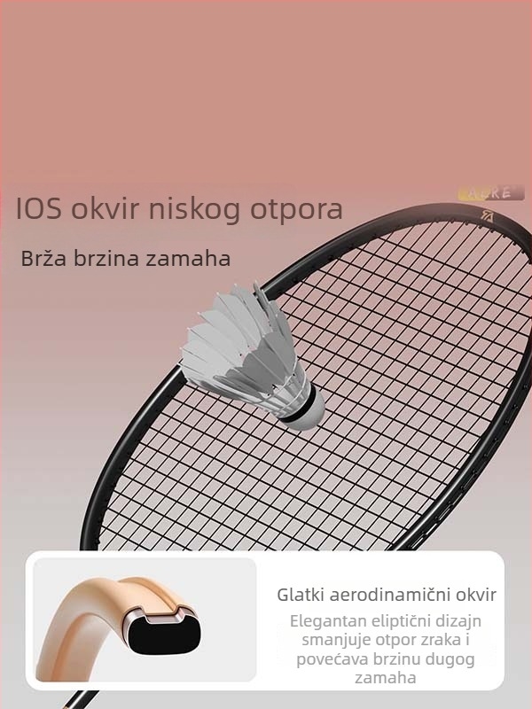 Carlsci badminton raketa — potpuno karbonsko kućište, prav tip, težina 95–100 g, drška G5, uzorak 68×21
