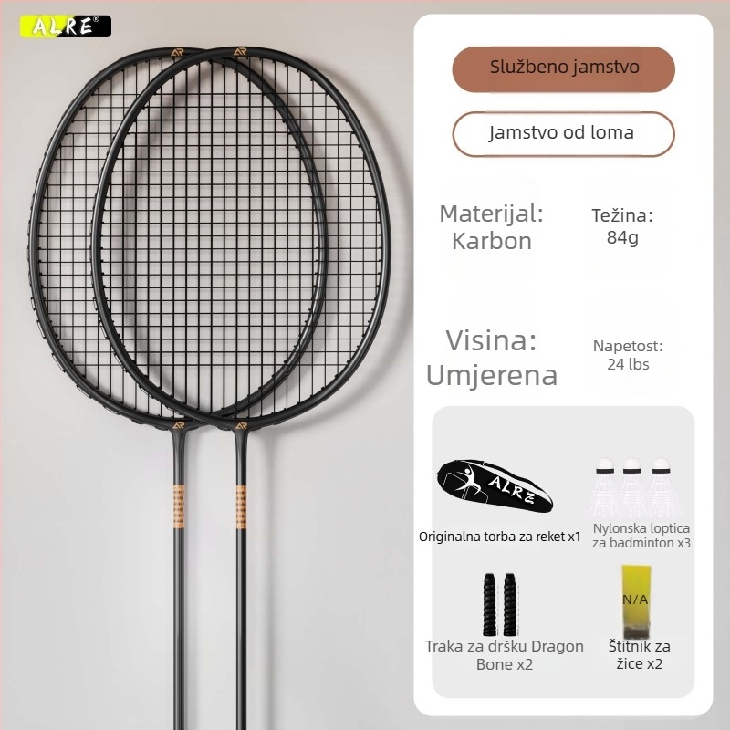 Carlsci badminton raketa — potpuno karbonsko kućište, prav tip, težina 95–100 g, drška G5, uzorak 68×21