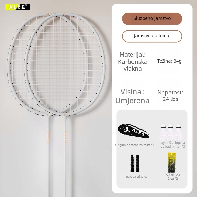 Carlsci badminton raketa — potpuno karbonsko kućište, prav tip, težina 95–100 g, drška G5, uzorak 68×21
