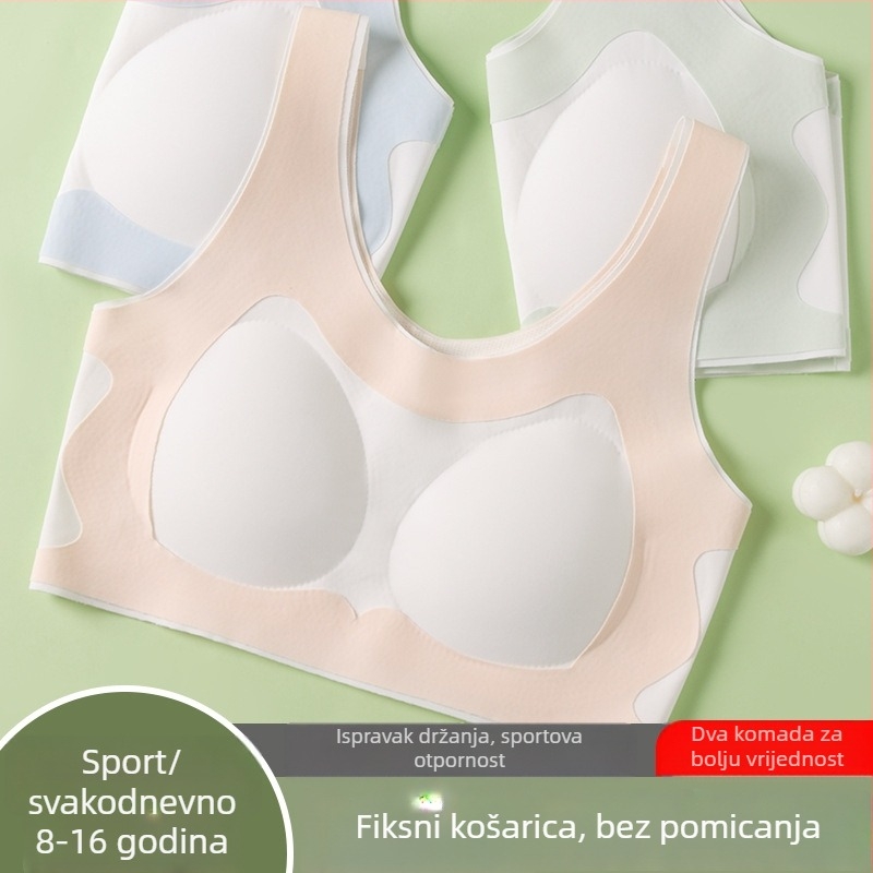 Ženski djevojački sportski grudnjak s 3/4 košarom, tanak oblikovani košar s pjenu, glavni materijal najlon, podstava spandex, čvrste dvostruke naramenice, prozračan stražnji dio, udoban