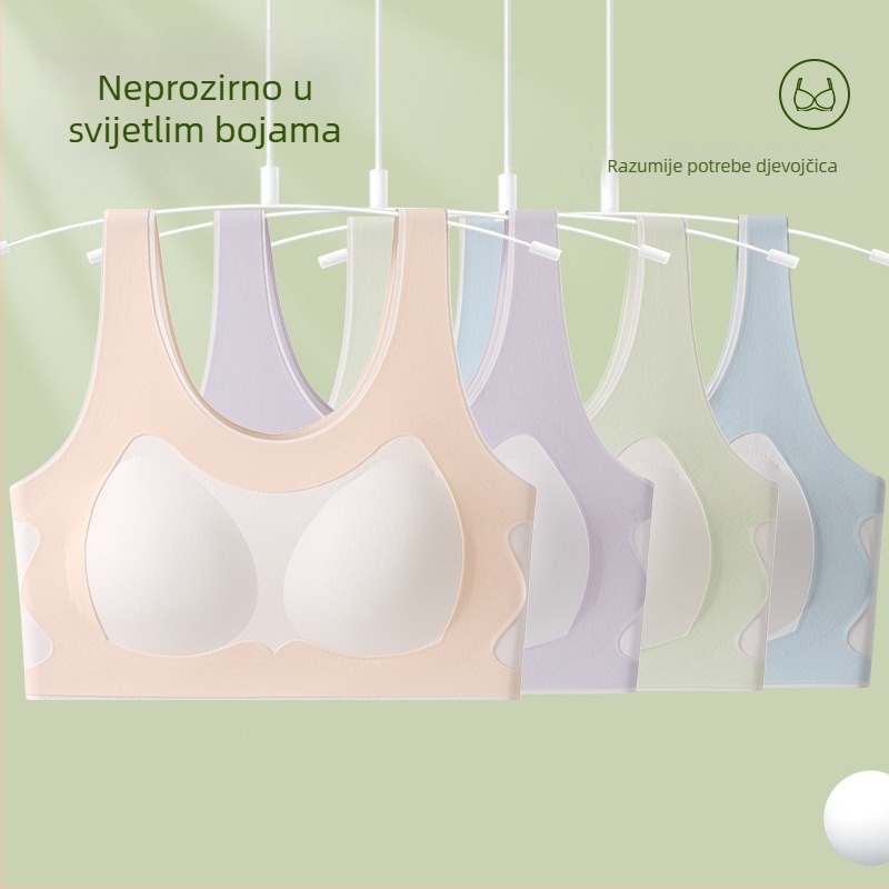 Ženski djevojački sportski grudnjak s 3/4 košarom, tanak oblikovani košar s pjenu, glavni materijal najlon, podstava spandex, čvrste dvostruke naramenice, prozračan stražnji dio, udoban