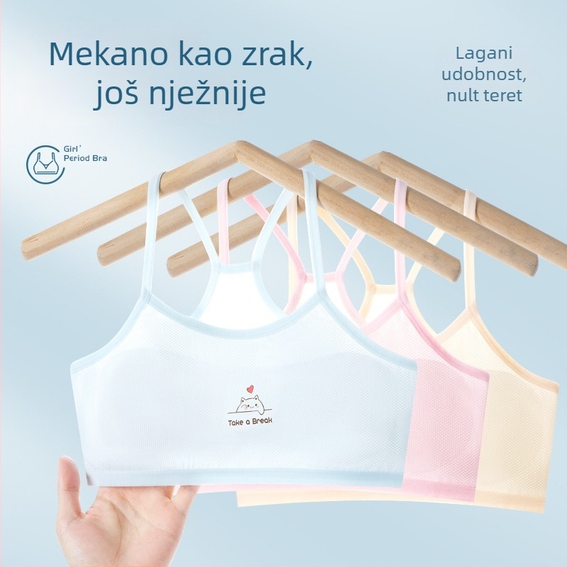 Bezšivni trening grudnjak za djevojčice, tank-top stil, za uzrast 9–13 godina, najlon materijal, podstava od spandexa <30%, puni košarica, fiksne dvostruke naramenice, prozračan i upija znoj