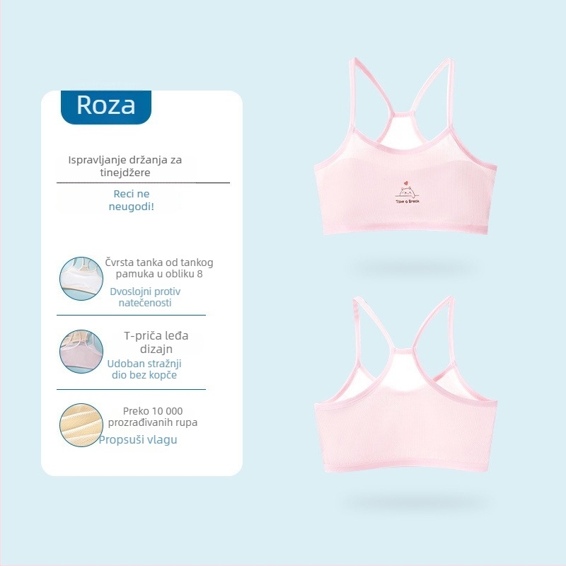 Bezšivni trening grudnjak za djevojčice, tank-top stil, za uzrast 9–13 godina, najlon materijal, podstava od spandexa <30%, puni košarica, fiksne dvostruke naramenice, prozračan i upija znoj