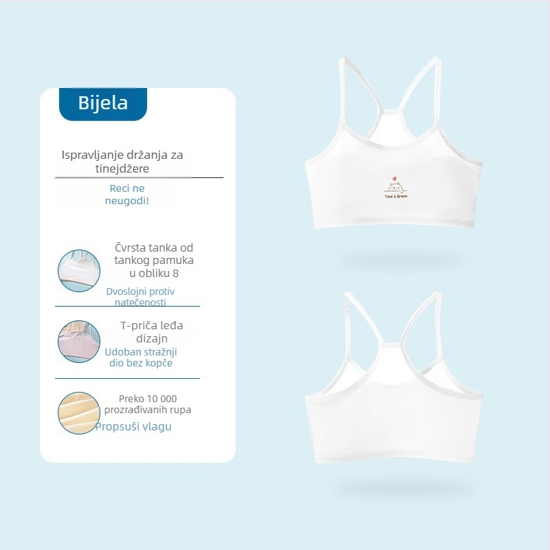 Bezšivni trening grudnjak za djevojčice, tank-top stil, za uzrast 9–13 godina, najlon materijal, podstava od spandexa <30%, puni košarica, fiksne dvostruke naramenice, prozračan i upija znoj