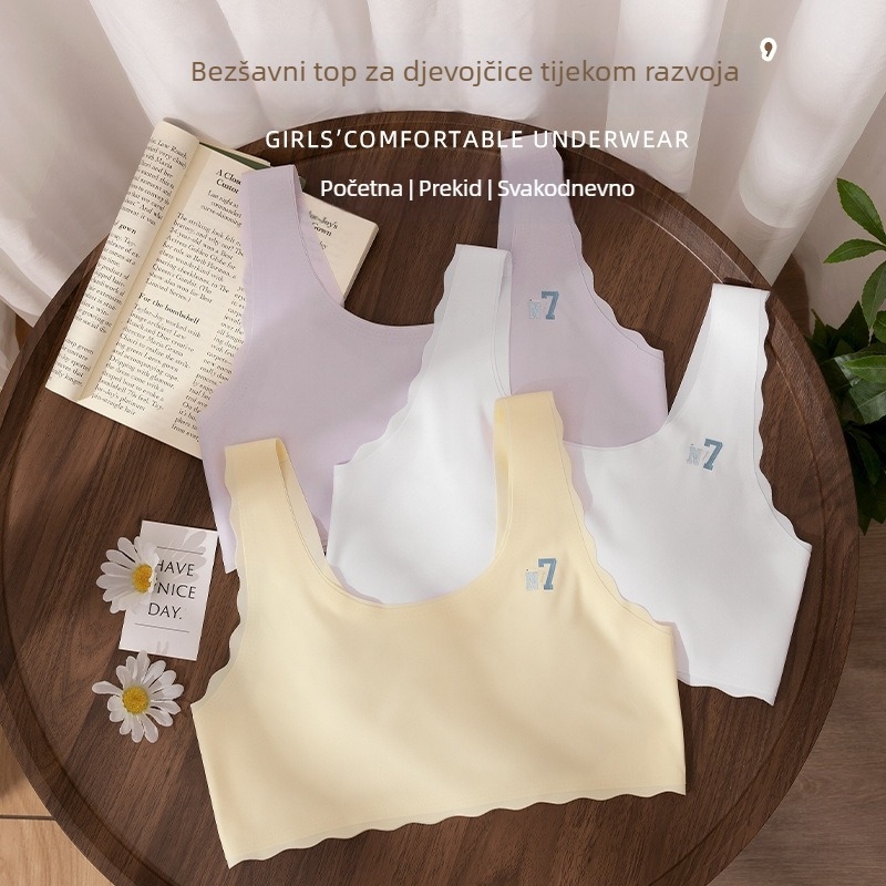 Dječja potkošulja u vest-stilu, od najlona, s punim košaricama i tankim oblikovanim jastučićima od spužve, bez žice, fiksni dvostruki kaiševi, prozračna i udobna, za uzrast 9–13 godina