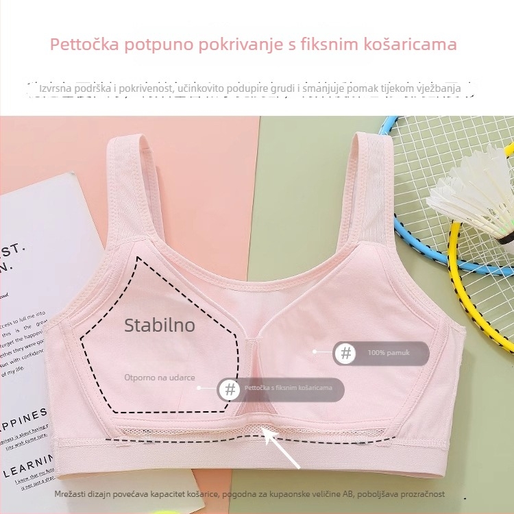 Sutien za djevojčice i tinejdžerice, najlon glavni materijal, podstava pamuk, pune košarice, fiksni dvostruki naramenice, prozračan i udoban, za uzrast 12–15 godina