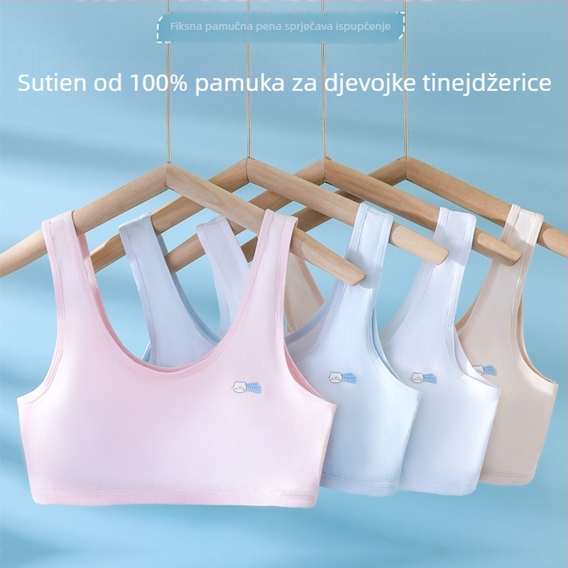 Djevojački grudnjak od pamuka s fiksnim košaricama, širokim naramenicama i mrežastim leđima, prozračan i udoban