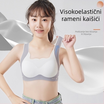 Dječji sportski grudnjak u stilu majice bez rukava – prozračna ice silk tkanina, nylon 70–80%, puni košarica, latexovi kalupi, fiksne dvostruke naramenice