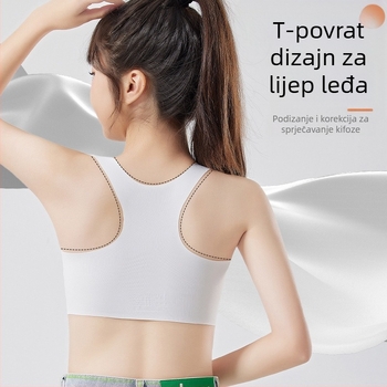 Dječji sportski grudnjak u stilu majice bez rukava – prozračna ice silk tkanina, nylon 70–80%, puni košarica, latexovi kalupi, fiksne dvostruke naramenice