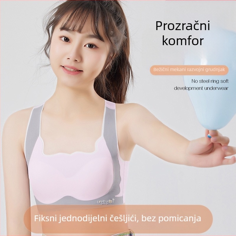Dječji sportski grudnjak u stilu majice bez rukava – prozračna ice silk tkanina, nylon 70–80%, puni košarica, latexovi kalupi, fiksne dvostruke naramenice