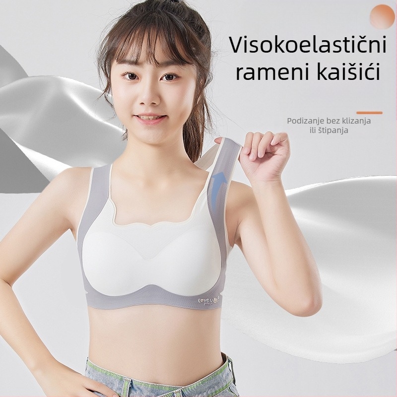 Dječji sportski grudnjak u stilu majice bez rukava – prozračna ice silk tkanina, nylon 70–80%, puni košarica, latexovi kalupi, fiksne dvostruke naramenice