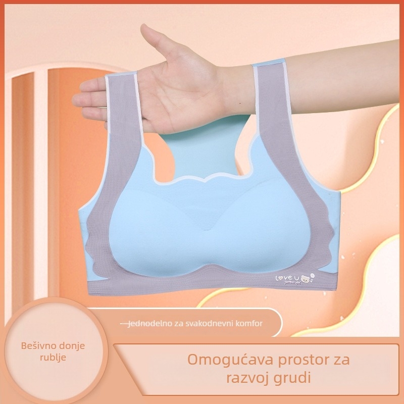 Dječji sportski grudnjak u stilu majice bez rukava – prozračna ice silk tkanina, nylon 70–80%, puni košarica, latexovi kalupi, fiksne dvostruke naramenice