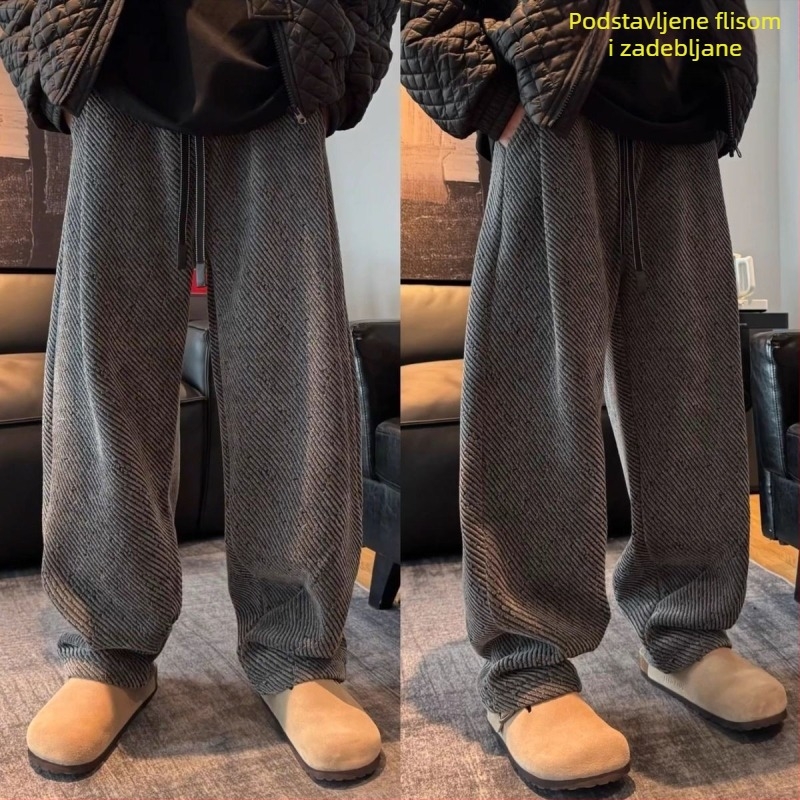 Muške casual hlače s fleecem iznutra, debeli twill, ravni kroj, visok struk, mikroelastičnost